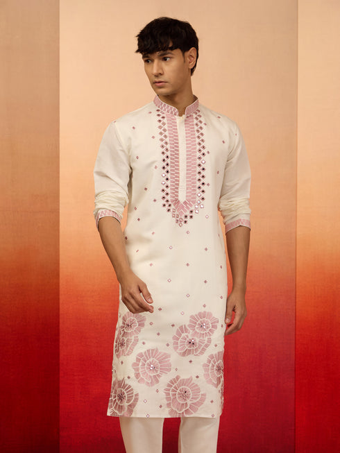 Men's Onion Multi Embroidered Silk Kurta